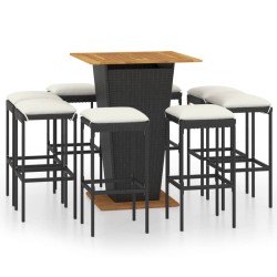 9-tlg. Gartenbar-Set mit Kissen Poly Rattan Schwarz