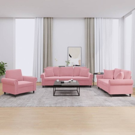 vidaXL 3-tlg. Sofagarnitur mit Kissen Rosa Samt