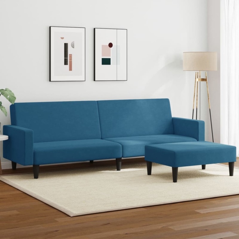 vidaXL Schlafsofa 2-Sitzer mit Fußhocker Blau Samt vidaXL Schlafsofa 2-Sitzer mit Fußhocker Blau Samt