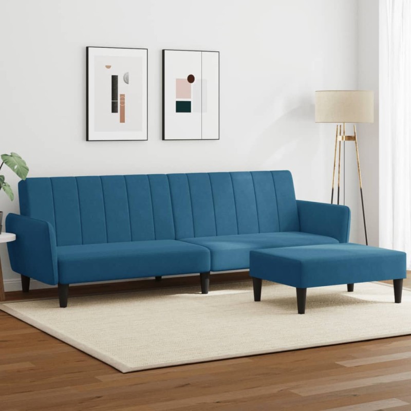 vidaXL Schlafsofa 2-Sitzer mit Fußhocker Blau Samt vidaXL Schlafsofa 2-Sitzer mit Fußhocker Blau Samt