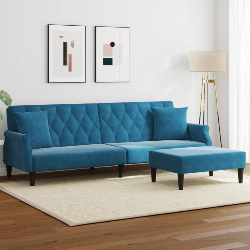 vidaXL Schlafsofa 2-Sitzer mit Kissen und Fußhocker Blau Samt vidaXL Schlafsofa 2-Sitzer mit Kissen und Fußhocker Blau Samt