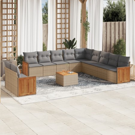 vidaXL 12-tlg. Garten-Sofagarnitur mit Kissen Beige Poly Rattan