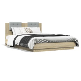 vidaXL Bettgestell mit Kopfteil & LED-Leuchten Sonoma-Eiche 140x200 cm