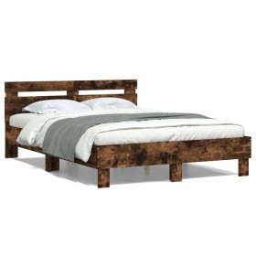 vidaXL Bettgestell mit Kopfteil LED-Beleuchtung Räuchereiche 135x190cm