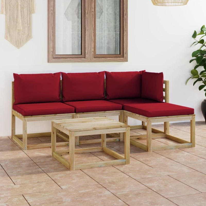 5-tlg. Garten-Lounge-Set mit Weinroten Kissen