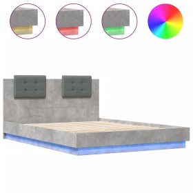 vidaXL Bettgestell mit Kopfteil und LED-Leuchten Betongrau 140x200 cm