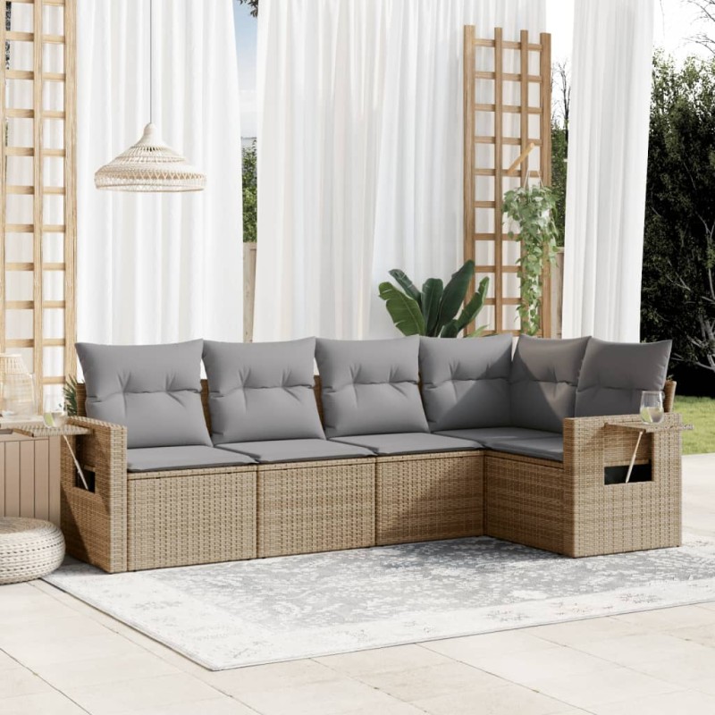 vidaXL 5-tlg. Garten-Sofagarnitur mit Kissen Beige Poly Rattan vidaXL 5-tlg. Garten-Sofagarnitur mit Kissen Beige Poly Rattan