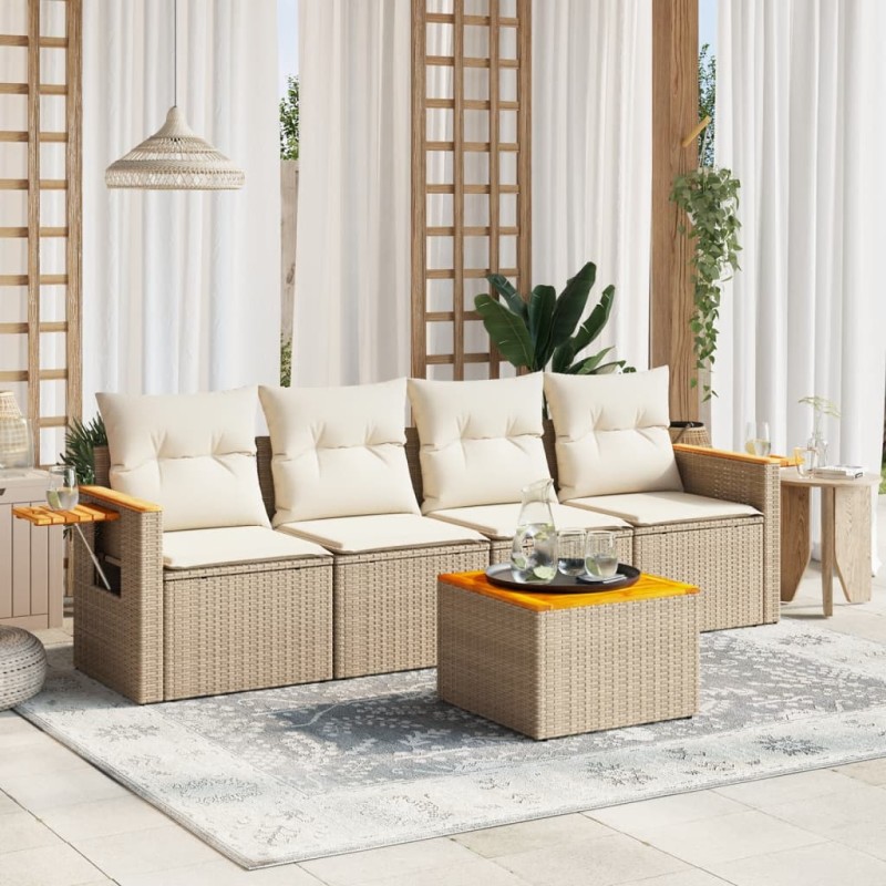 vidaXL 5-tlg. Garten-Sofagarnitur mit Kissen Beige Poly Rattan vidaXL 5-tlg. Garten-Sofagarnitur mit Kissen Beige Poly Rattan