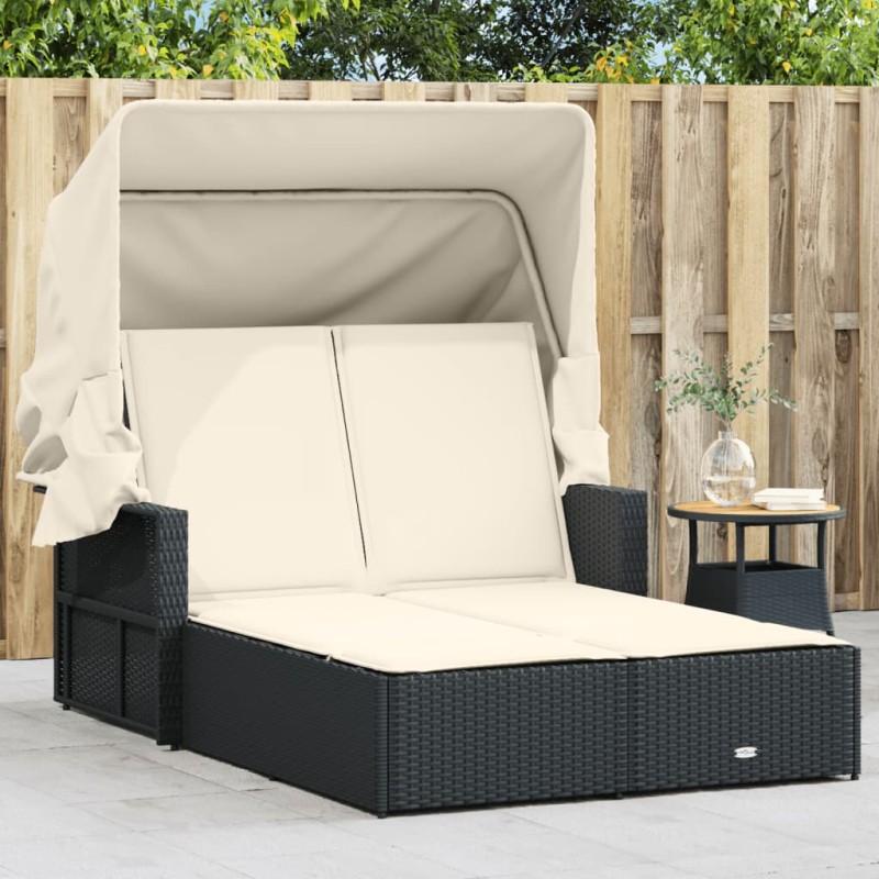 vidaXL Doppel-Sonnenliege mit Dach und Auflagen Schwarz Poly Rattan vidaXL Doppel-Sonnenliege mit Dach und Auflagen Schwarz Poly Rattan