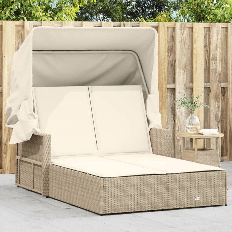 vidaXL Doppel-Sonnenliege mit Dach und Auflagen Beige Poly Rattan vidaXL Doppel-Sonnenliege mit Dach und Auflagen Beige Poly Rattan