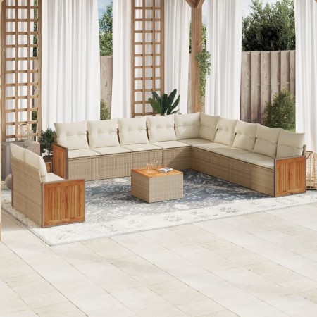 vidaXL 12-tlg. Garten-Sofagarnitur mit Kissen Beige Poly Rattan