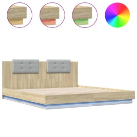 vidaXL Bettgestell mit Kopfteil & LED-Leuchten Sonoma-Eiche 200x200 cm