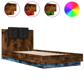 vidaXL Bettgestell mit Kopfteil & LED-Leuchten Räuchereiche 100x200 cm