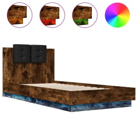 vidaXL Bettgestell mit Kopfteil und LED-Leuchten Räuchereiche 90x200cm