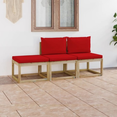 3-tlg. Garten-Lounge-Set mit Roten Kissen