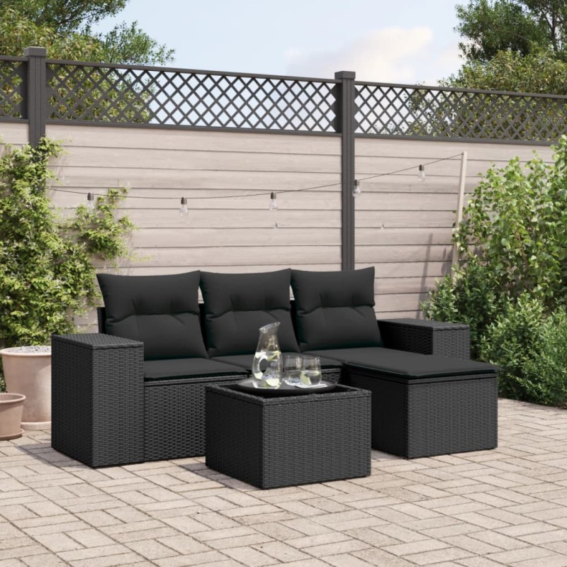 vidaXL 5-tlg. Garten-Sofagarnitur mit Kissen Schwarz Poly Rattan vidaXL 5-tlg. Garten-Sofagarnitur mit Kissen Schwarz Poly Rattan