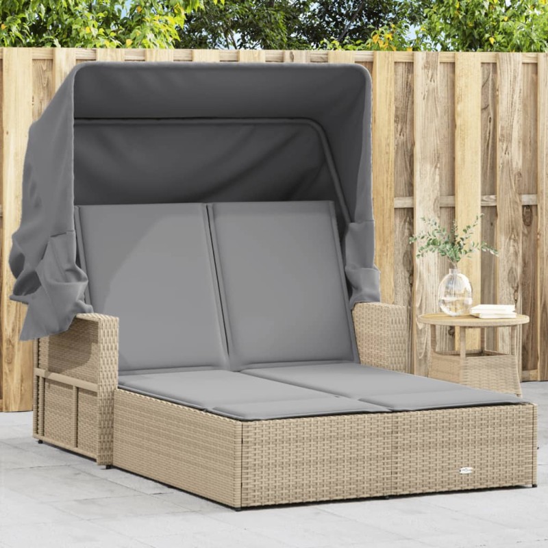 vidaXL Doppel-Sonnenliege mit Dach und Auflagen Beige Poly Rattan vidaXL Doppel-Sonnenliege mit Dach und Auflagen Beige Poly Rattan