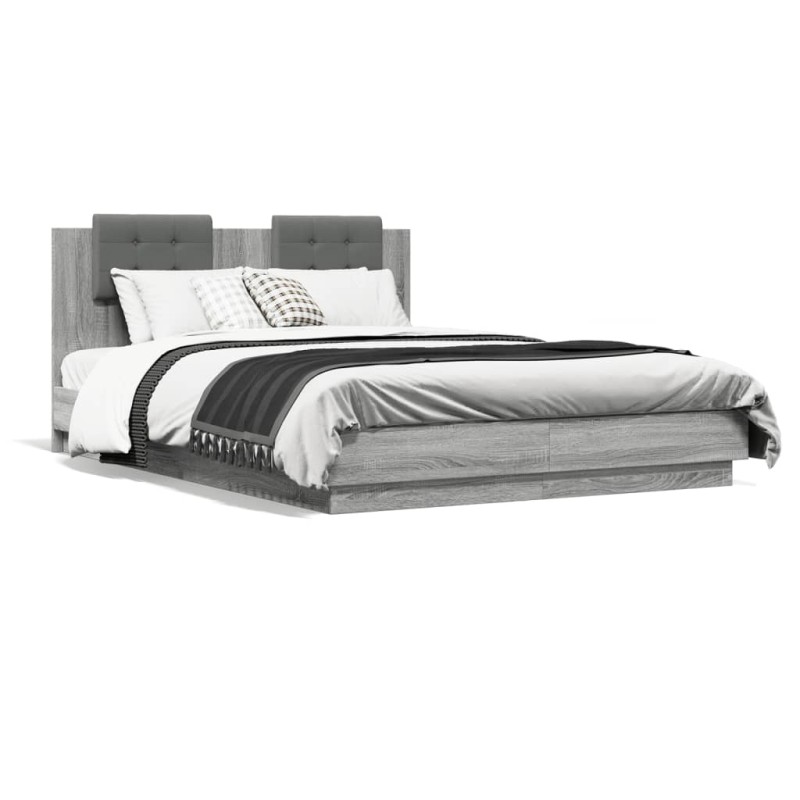 vidaXL Bettgestell mit Kopfteil und LED-Leuchten Grau Sonoma 140x200cm vidaXL Bettgestell mit Kopfteil und LED-Leuchten Grau Sonoma 140x200cm
