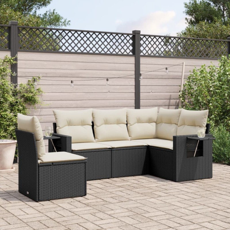 vidaXL 5-tlg. Garten-Sofagarnitur mit Kissen Schwarz Poly Rattan vidaXL 5-tlg. Garten-Sofagarnitur mit Kissen Schwarz Poly Rattan