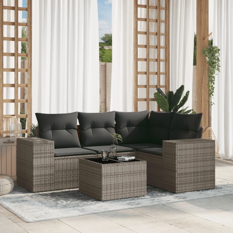 vidaXL 5-tlg. Garten-Sofagarnitur mit Kissen Grau Poly Rattan vidaXL 5-tlg. Garten-Sofagarnitur mit Kissen Grau Poly Rattan