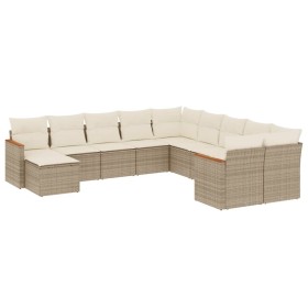 vidaXL 11-tlg. Garten-Sofagarnitur mit Kissen Beige Poly Rattan
