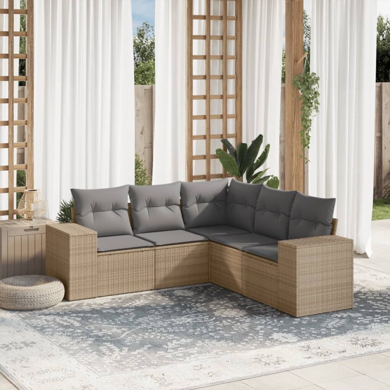 vidaXL 5-tlg. Garten-Sofagarnitur mit Kissen Beige Poly Rattan vidaXL 5-tlg. Garten-Sofagarnitur mit Kissen Beige Poly Rattan