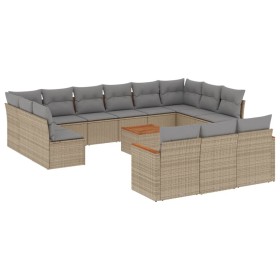 vidaXL 14-tlg. Garten-Sofagarnitur mit Kissen Beige Poly Rattan