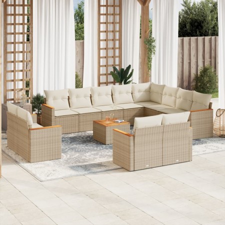 vidaXL 13-tlg. Garten-Sofagarnitur mit Kissen Beige Poly Rattan
