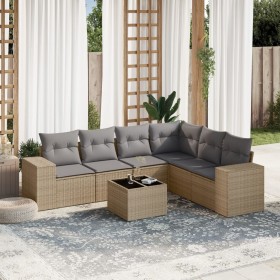 vidaXL 7-tlg. Garten-Sofagarnitur mit Kissen Beige Poly Rattan