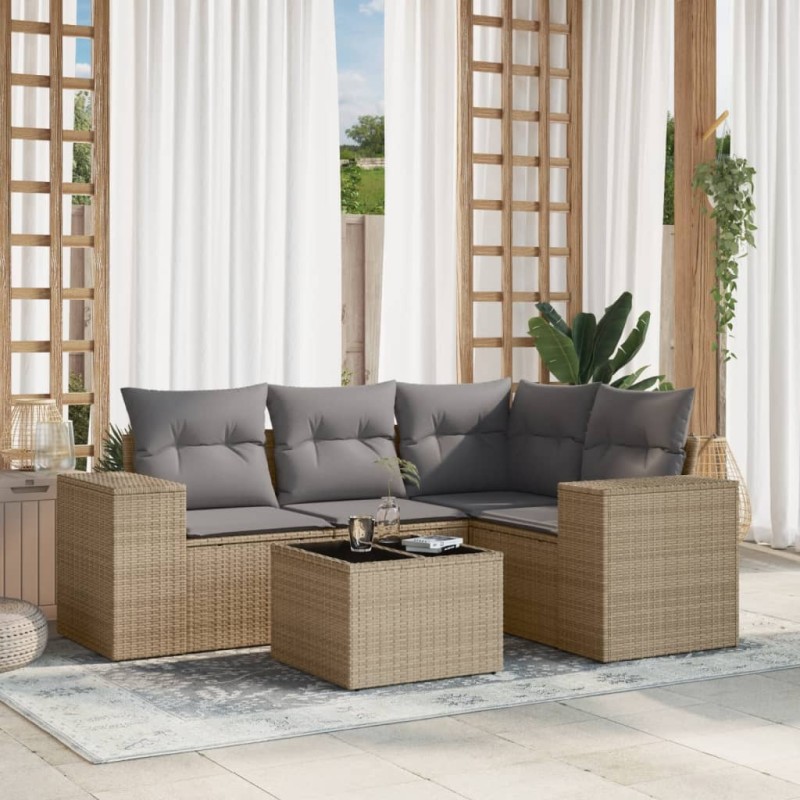 vidaXL 5-tlg. Garten-Sofagarnitur mit Kissen Beige Poly Rattan vidaXL 5-tlg. Garten-Sofagarnitur mit Kissen Beige Poly Rattan