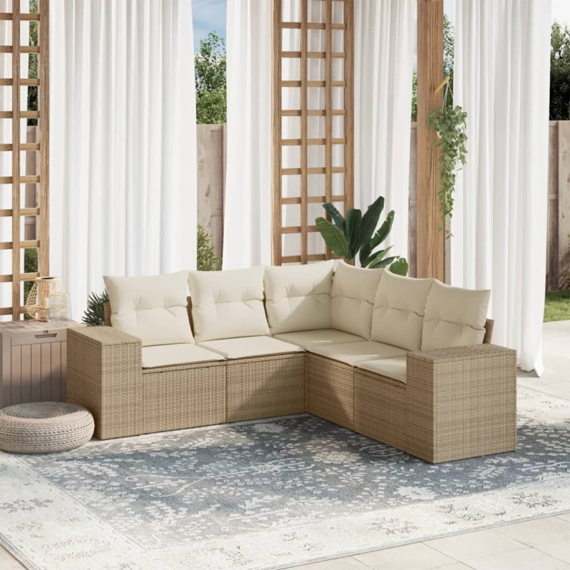 vidaXL 5-tlg. Garten-Sofagarnitur mit Kissen Beige Poly Rattan vidaXL 5-tlg. Garten-Sofagarnitur mit Kissen Beige Poly Rattan