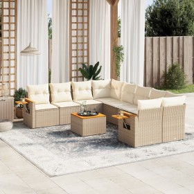 vidaXL 9-tlg. Garten-Sofagarnitur mit Kissen Beige Poly Rattan