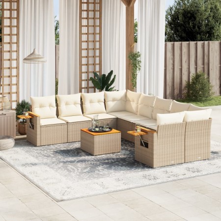 vidaXL 9-tlg. Garten-Sofagarnitur mit Kissen Beige Poly Rattan