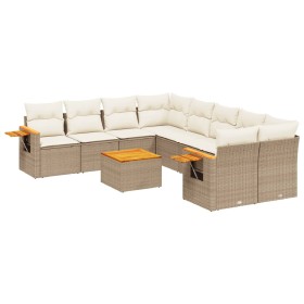 vidaXL 9-tlg. Garten-Sofagarnitur mit Kissen Beige Poly Rattan