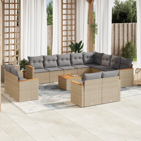 vidaXL 13-tlg. Garten-Sofagarnitur mit Kissen Beige Poly Rattan