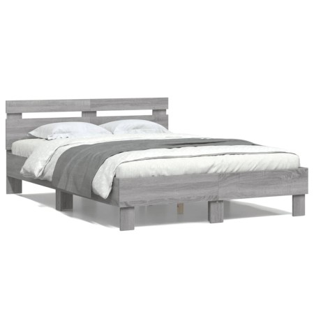 vidaXL Bettgestell mit Kopfteil LED-Beleuchtung Grau Sonoma 135x190 cm