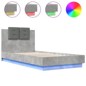 vidaXL Bettgestell mit Kopfteil und LED-Leuchten Betongrau 75x190 cm