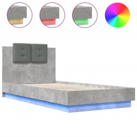 vidaXL Bettgestell mit Kopfteil und LED-Leuchten Betongrau 90x190 cm
