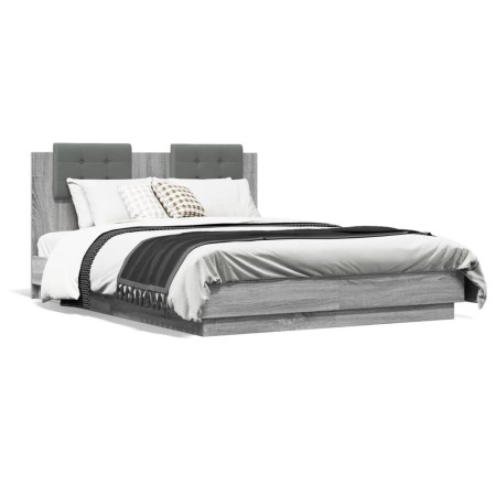 vidaXL Bettgestell mit Kopfteil und LED Grau Sonoma-Eiche 135x190 cm