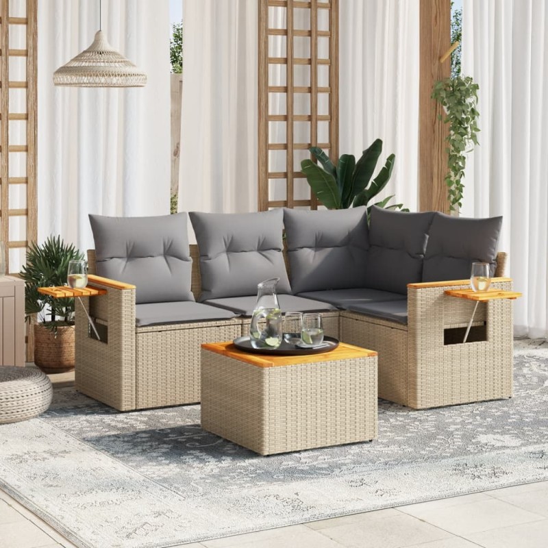 vidaXL 5-tlg. Garten-Sofagarnitur mit Kissen Beige Poly Rattan vidaXL 5-tlg. Garten-Sofagarnitur mit Kissen Beige Poly Rattan