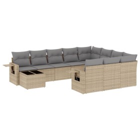 vidaXL 11-tlg. Garten-Sofagarnitur mit Kissen Beige Poly Rattan