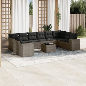 vidaXL 11-tlg. Garten-Sofagarnitur mit Kissen Grau Poly Rattan