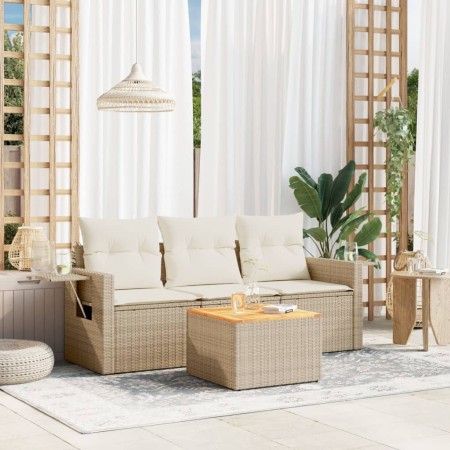 vidaXL 4-tlg. Garten-Sofagarnitur mit Kissen Beige Poly Rattan
