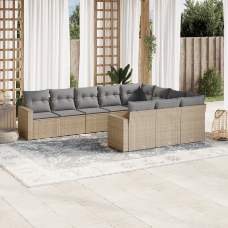 vidaXL 10-tlg. Garten-Sofagarnitur mit Kissen Beige Poly Rattan
