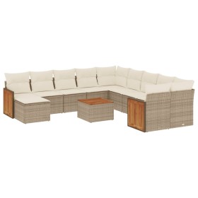 vidaXL 12-tlg. Garten-Sofagarnitur mit Kissen Beige Poly Rattan
