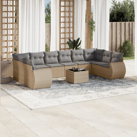 vidaXL 11-tlg. Garten-Sofagarnitur mit Kissen Beige Poly Rattan
