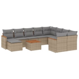 vidaXL 11-tlg. Garten-Sofagarnitur mit Kissen Beige Poly Rattan