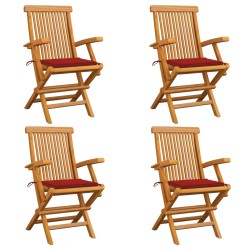 Gartenstühle mit Roten Kissen 4 Stk. Teak Massivholz