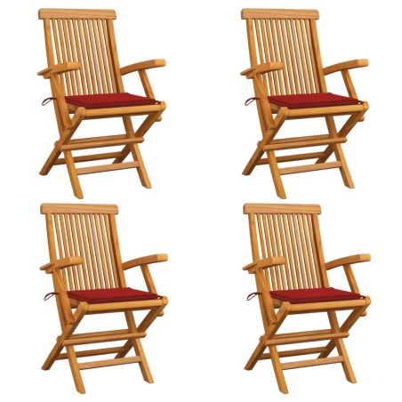 Gartenstühle mit Roten Kissen 4 Stk. Teak Massivholz