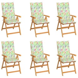 Gartenstühle 6 Stk. mit Blattmuster Kissen Massivholz Teak